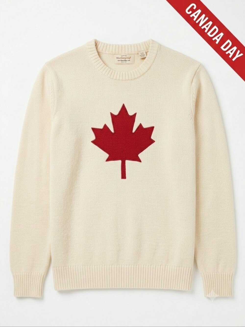 100% Cotton Cream Crewneck  Sweater with Red Maple Leaf, NWT Large Canada Day